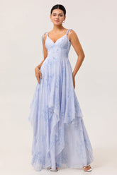 Blaues Geblümtes A-Linie Chiffon Brautjungfernkleid mit Rüschen
